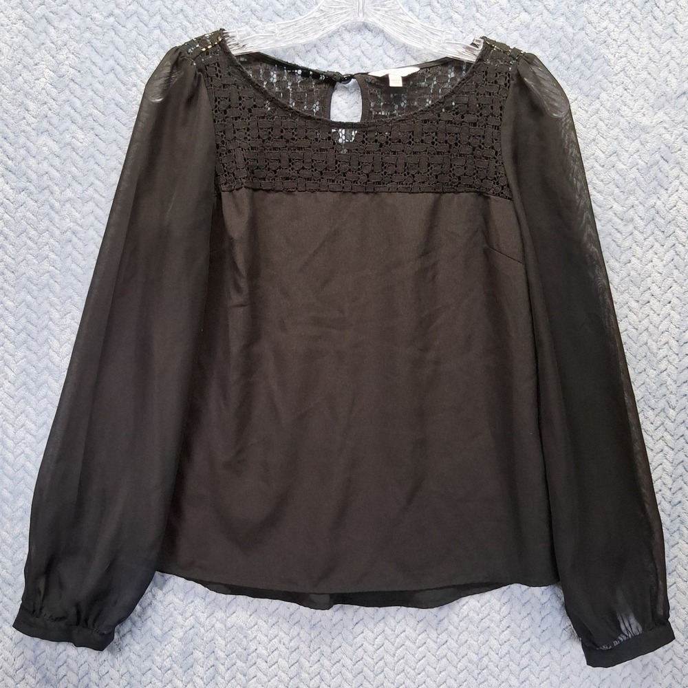 Candie's Black Long Sleeve Blouse Crochet Lace Yoke Chiffon Sleeves Womens Small